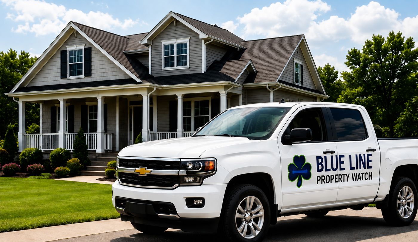 Blue Line Property Watch branded white pickup truck parked in front of a New England home